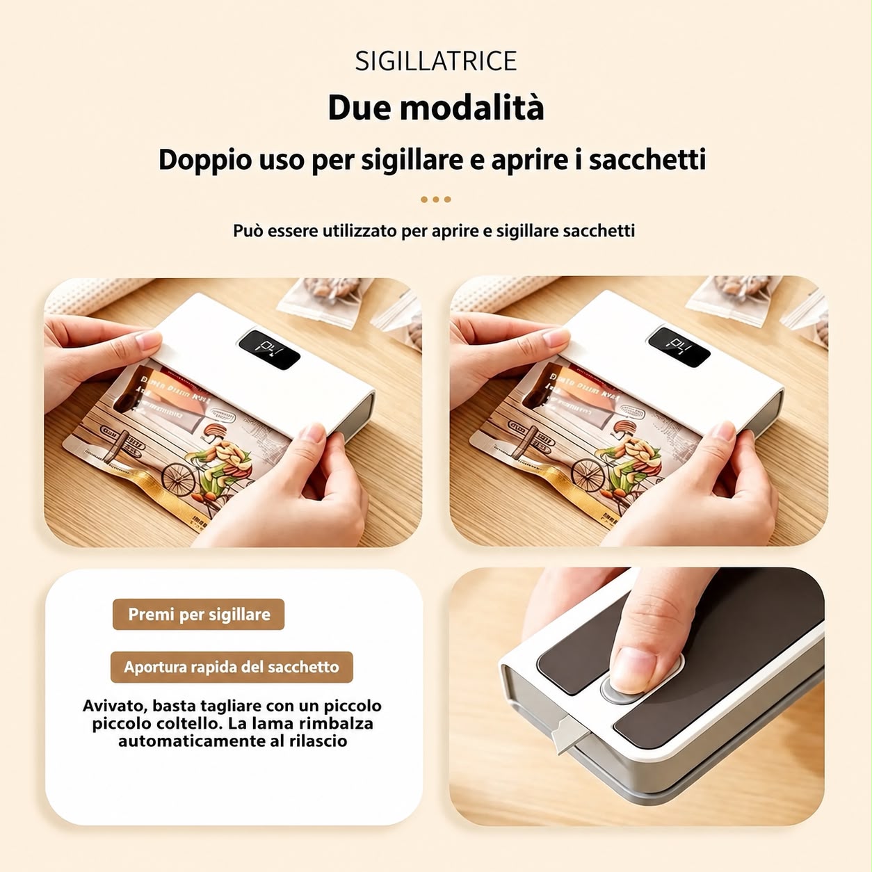 Piccola macchina sigillatrice portatile mini per alimenti, snack e sacchetti di plastica.